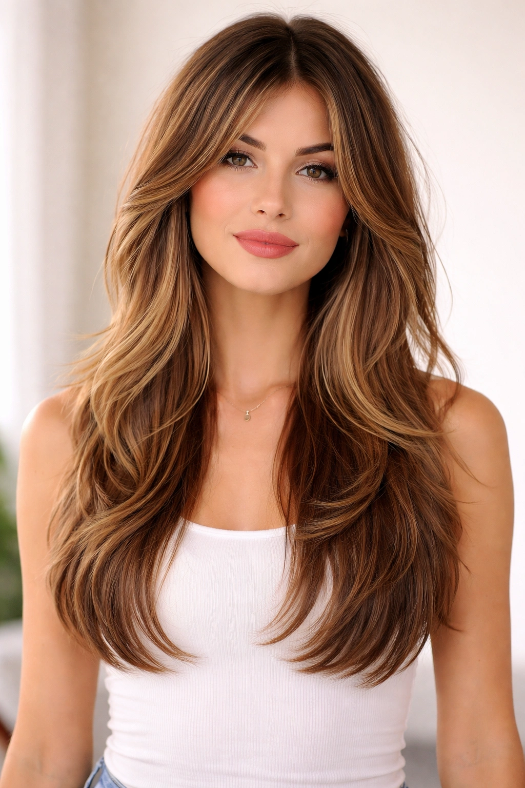 Shoulder-length top layers with longer underneath emphasized