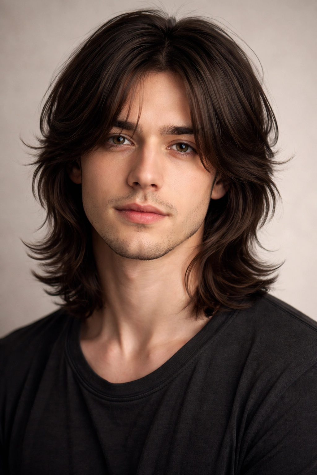 Portrait of a man with shoulder-length layers framing the face