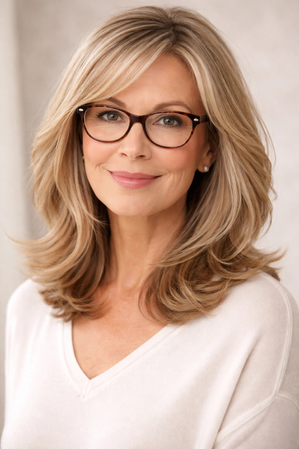Shoulder-length layered hair framing the face.