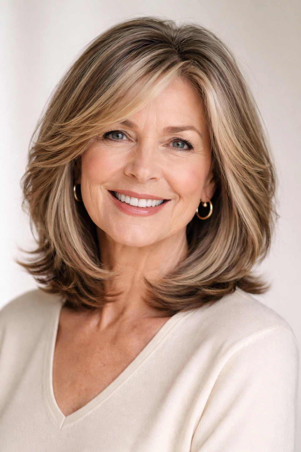 Close-up of shoulder-length layered hairstyle with subtle highlights.
