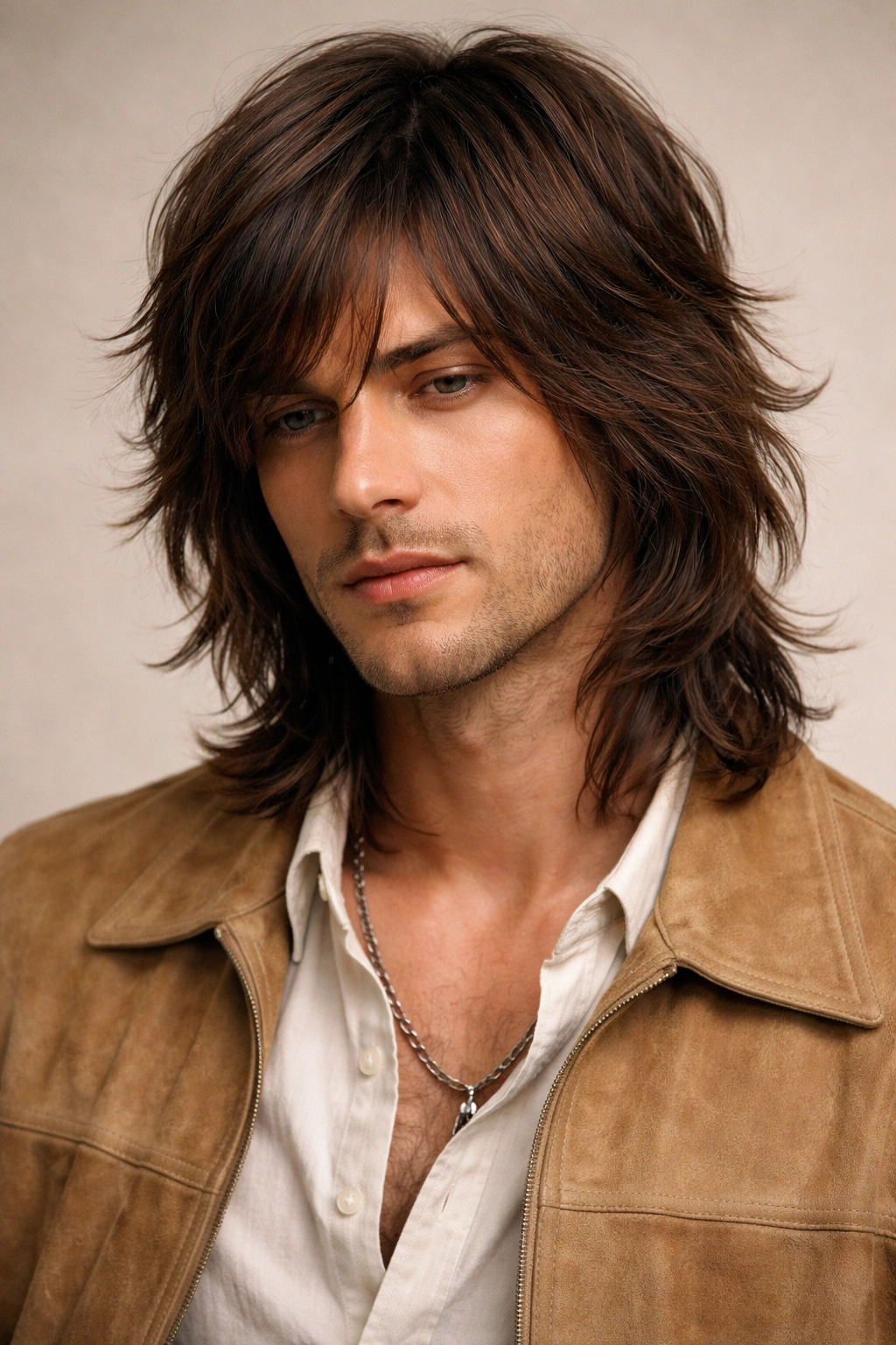 Man with shoulder-length layered hair and shag texture.