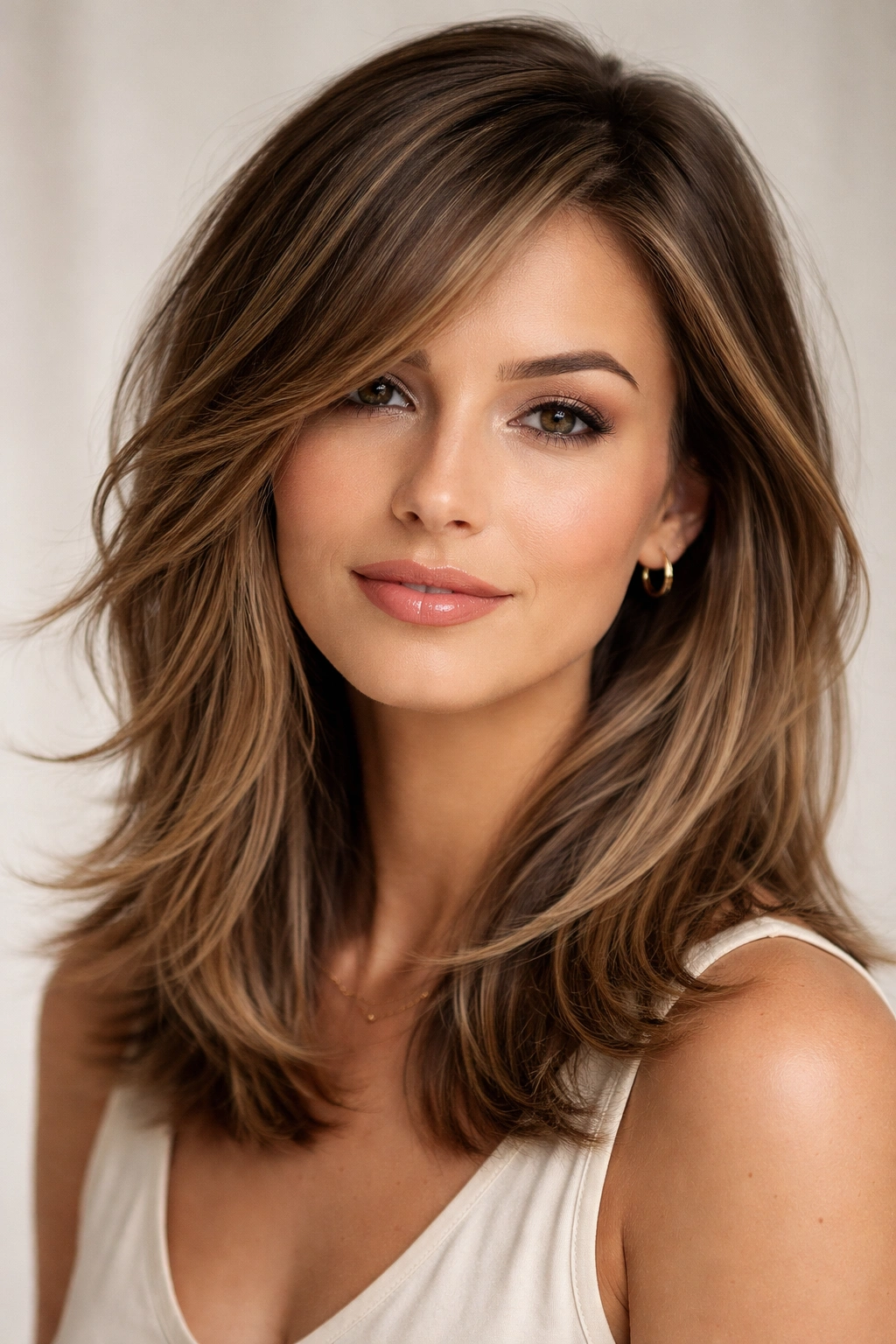 Shoulder-length layered hair with side part portrait