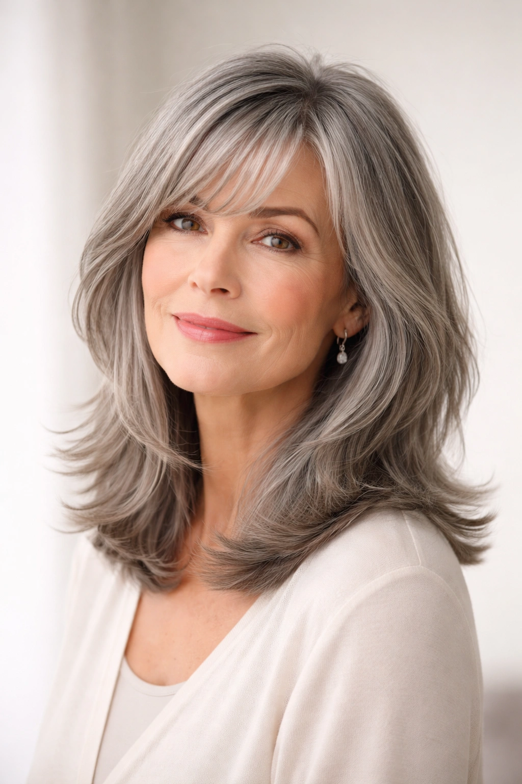 Shoulder-length layered hair with subtle bangs in gray tones