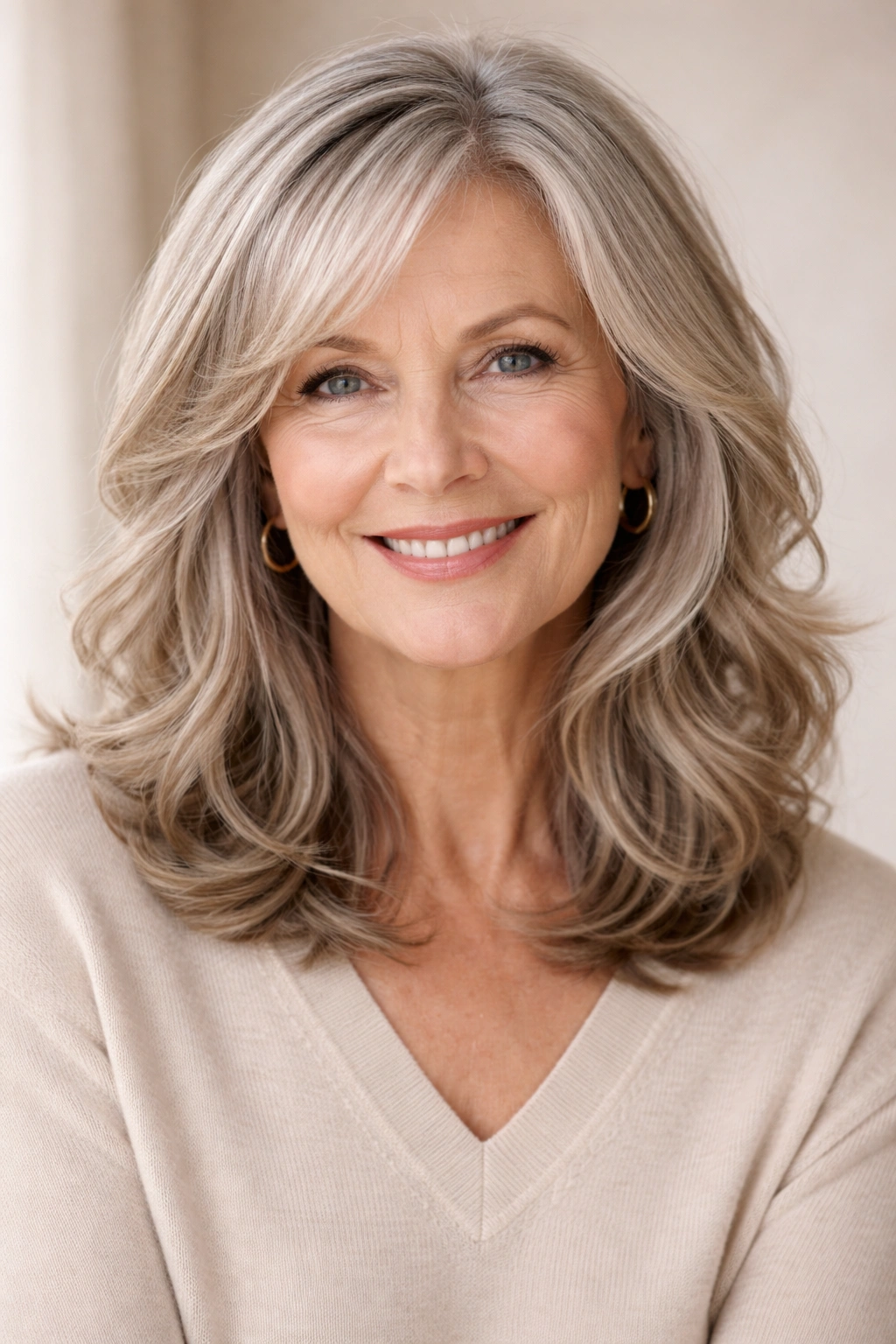 Shoulder-length layered cut with soft waves on thick hair