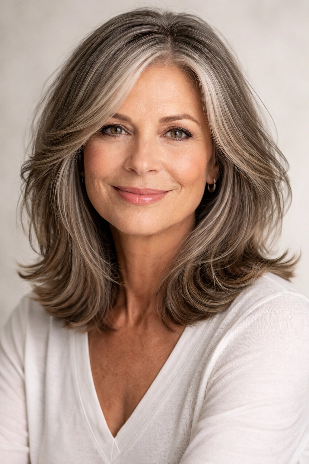 Mature woman with shoulder-length lob and face-framing layers in soft waves.