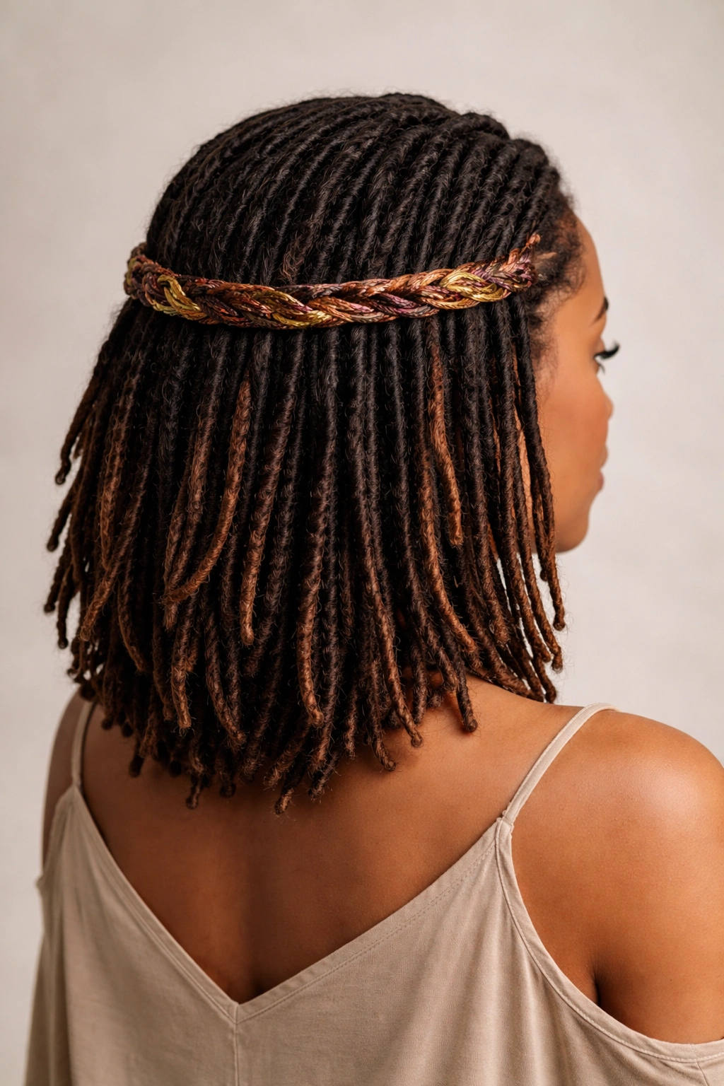 Shoulder-length locs with a braided band detail woven through the back of the head