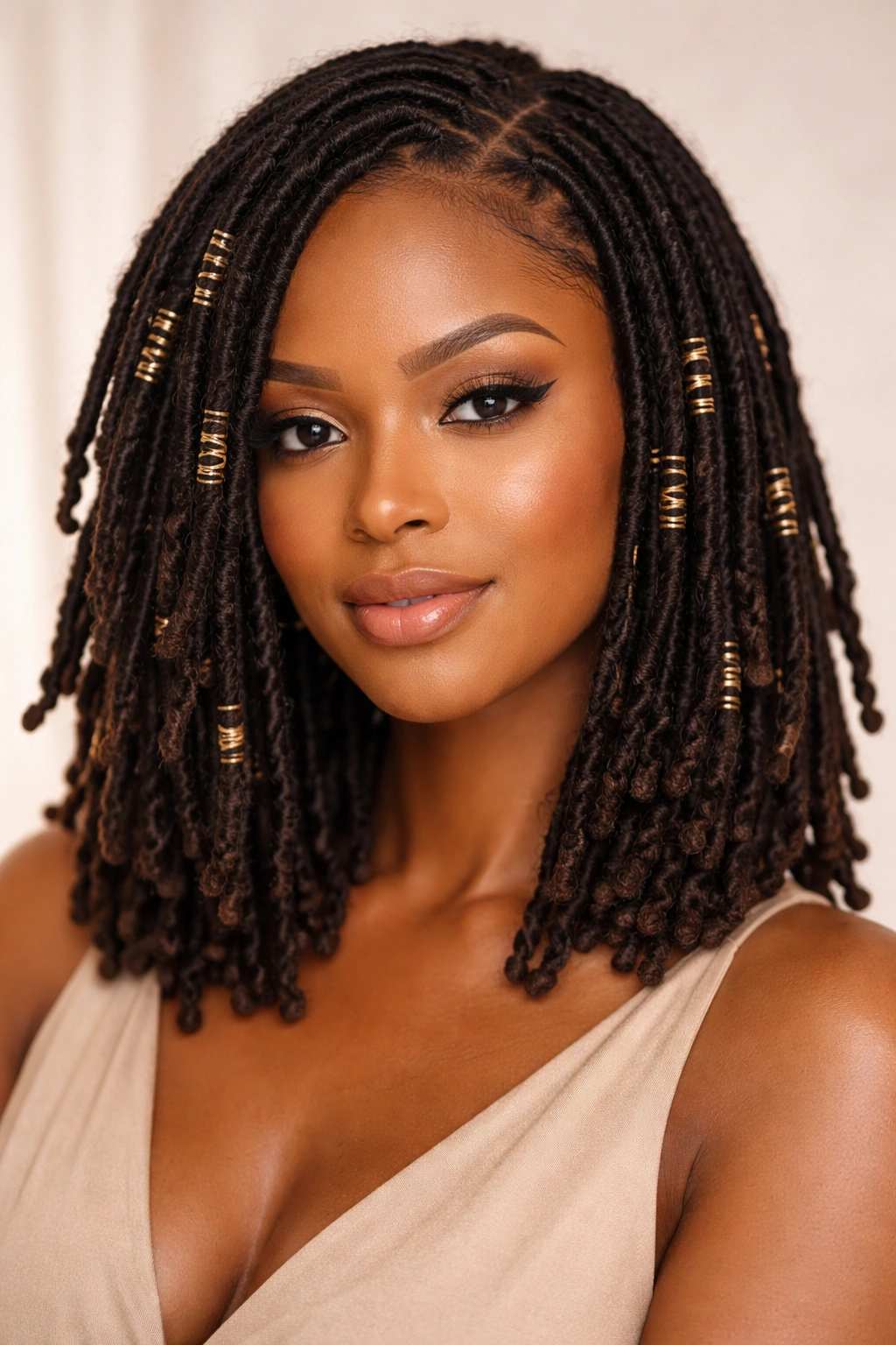 Shoulder-length locs with gold thread wraps around front strands