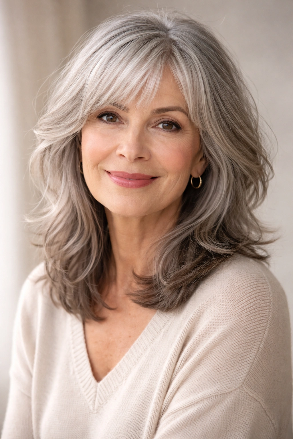 Close-up of a mature woman with shoulder-length shag featuring textured layers and silver hair