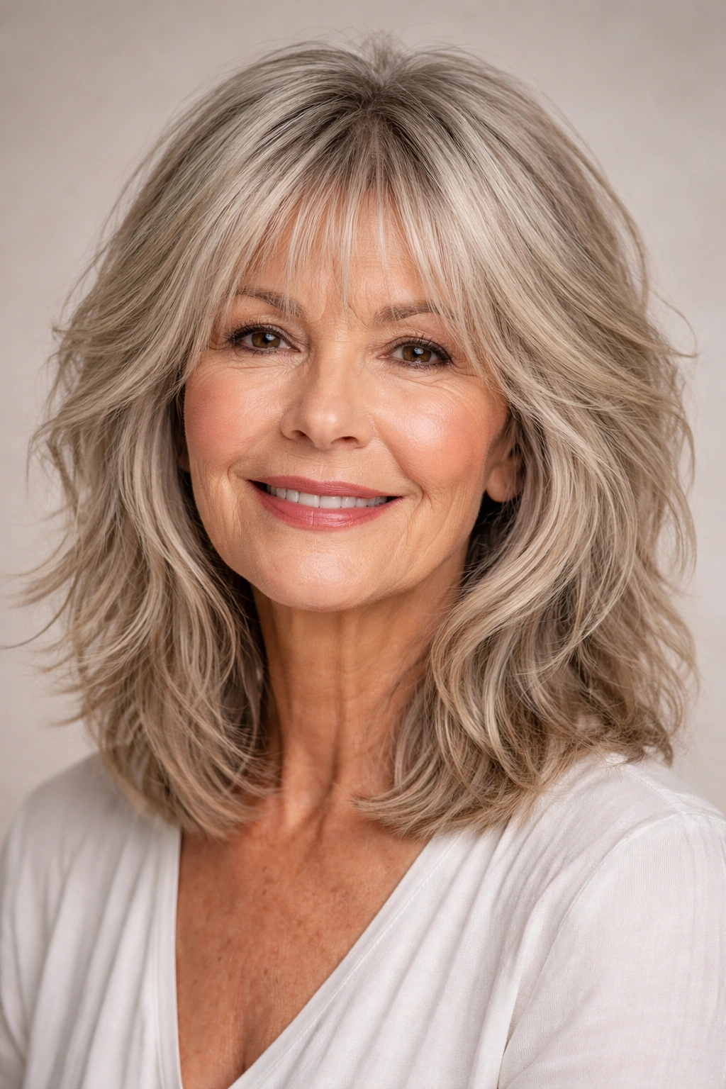 Portrait of a woman with a shoulder-length shag showing textured layers and movement.