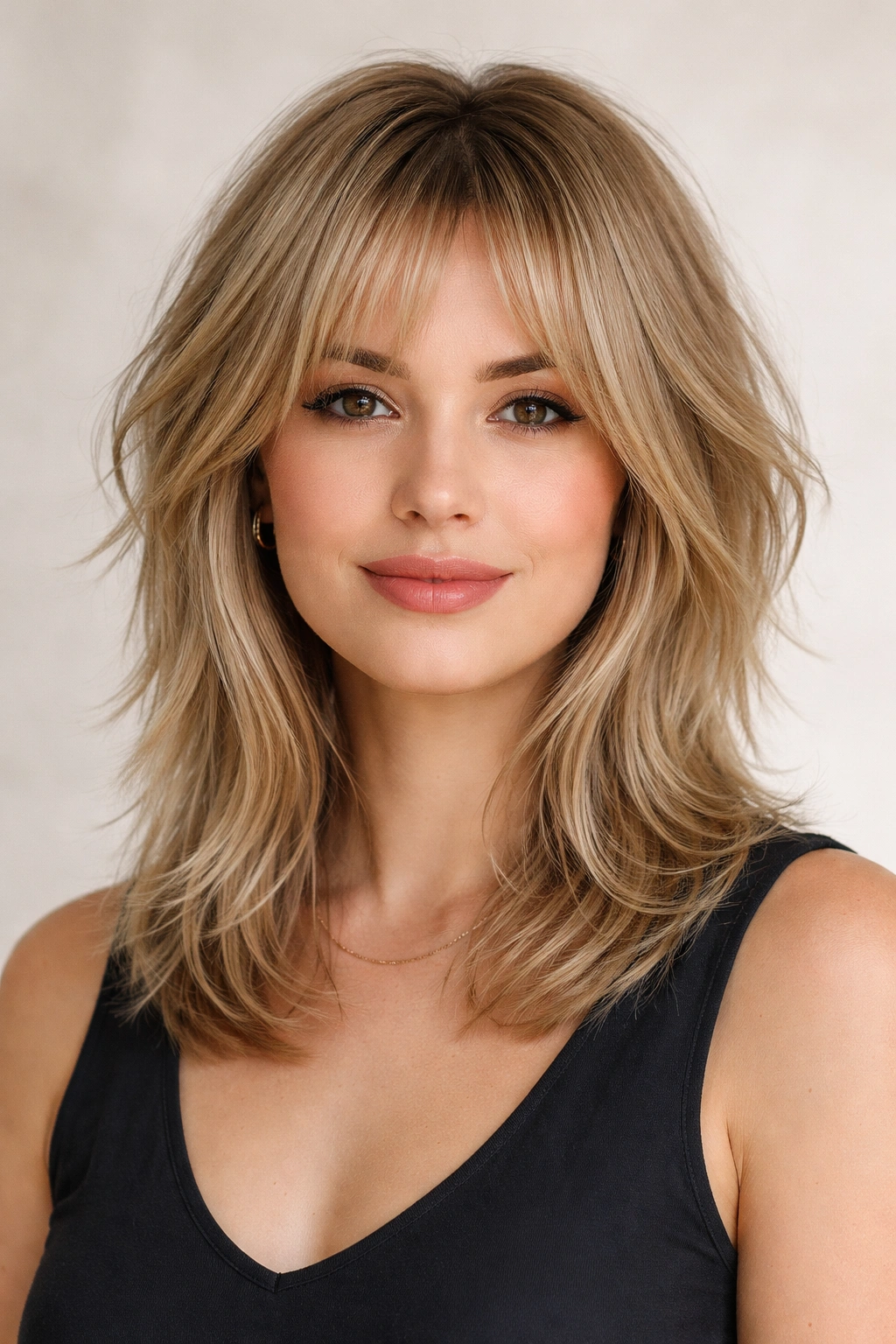 Shoulder-length shag with light layers and piece-y texture in a studio portrait