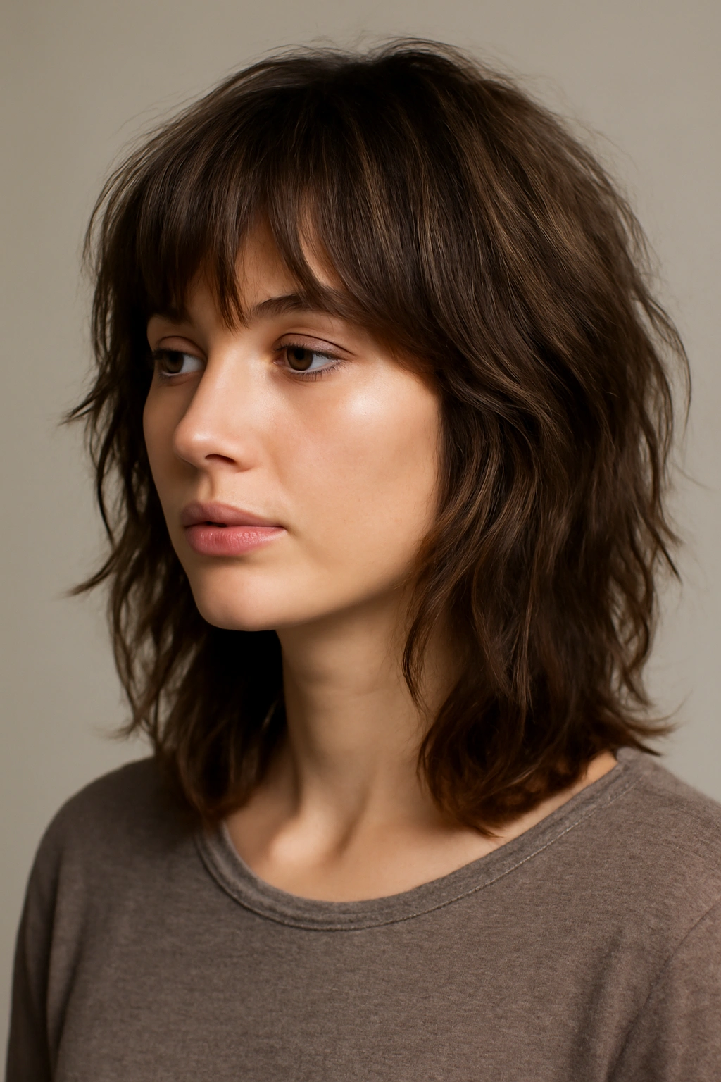 20 Shaggy Styles That Make Your Hair Look Effortlessly Good 13 Close-up of a model with shoulder-length shag hair showing face-framing layers and textured movement