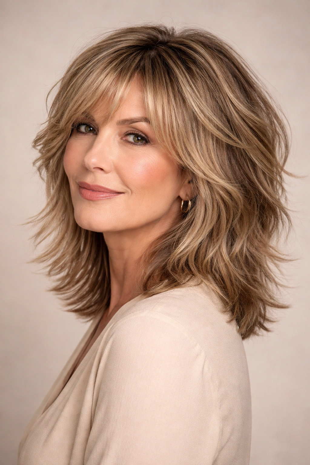 Mature woman with shoulder-length shag showing textured layers and volume.