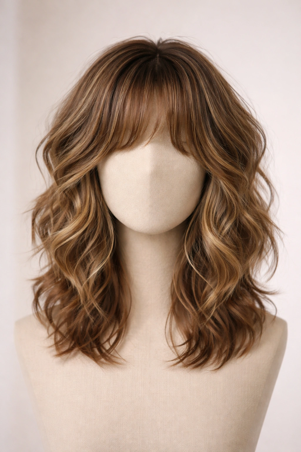 Close-up of shoulder-length shag with loose waves and choppy layers.