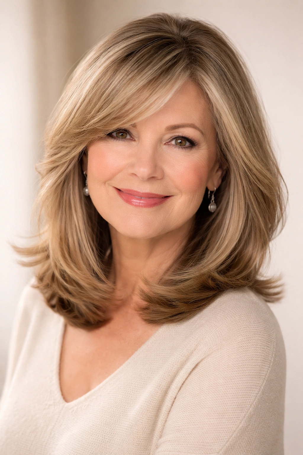 Close-up of a shoulder-length hairstyle with long side-swept bangs on a woman, featuring a diagonal fringe.