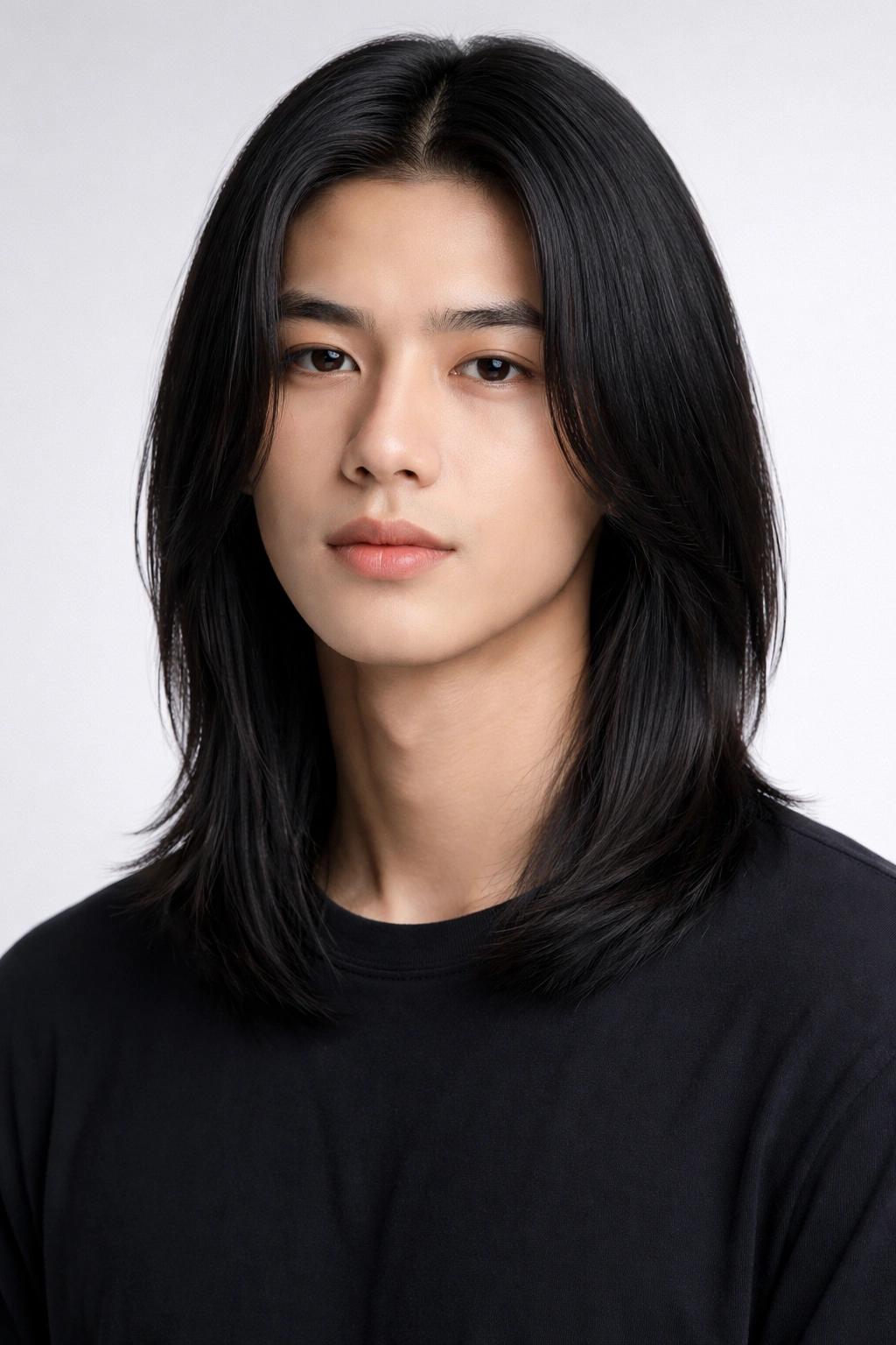 Front-facing portrait of shoulder-length straight hair with a sleek finish