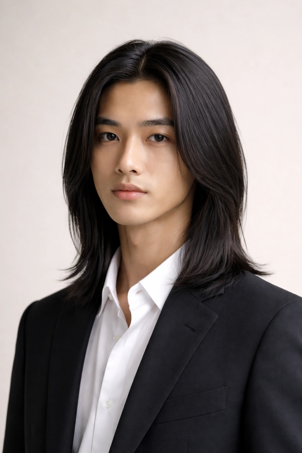 Shoulder-length straight hair, sleek and smooth
