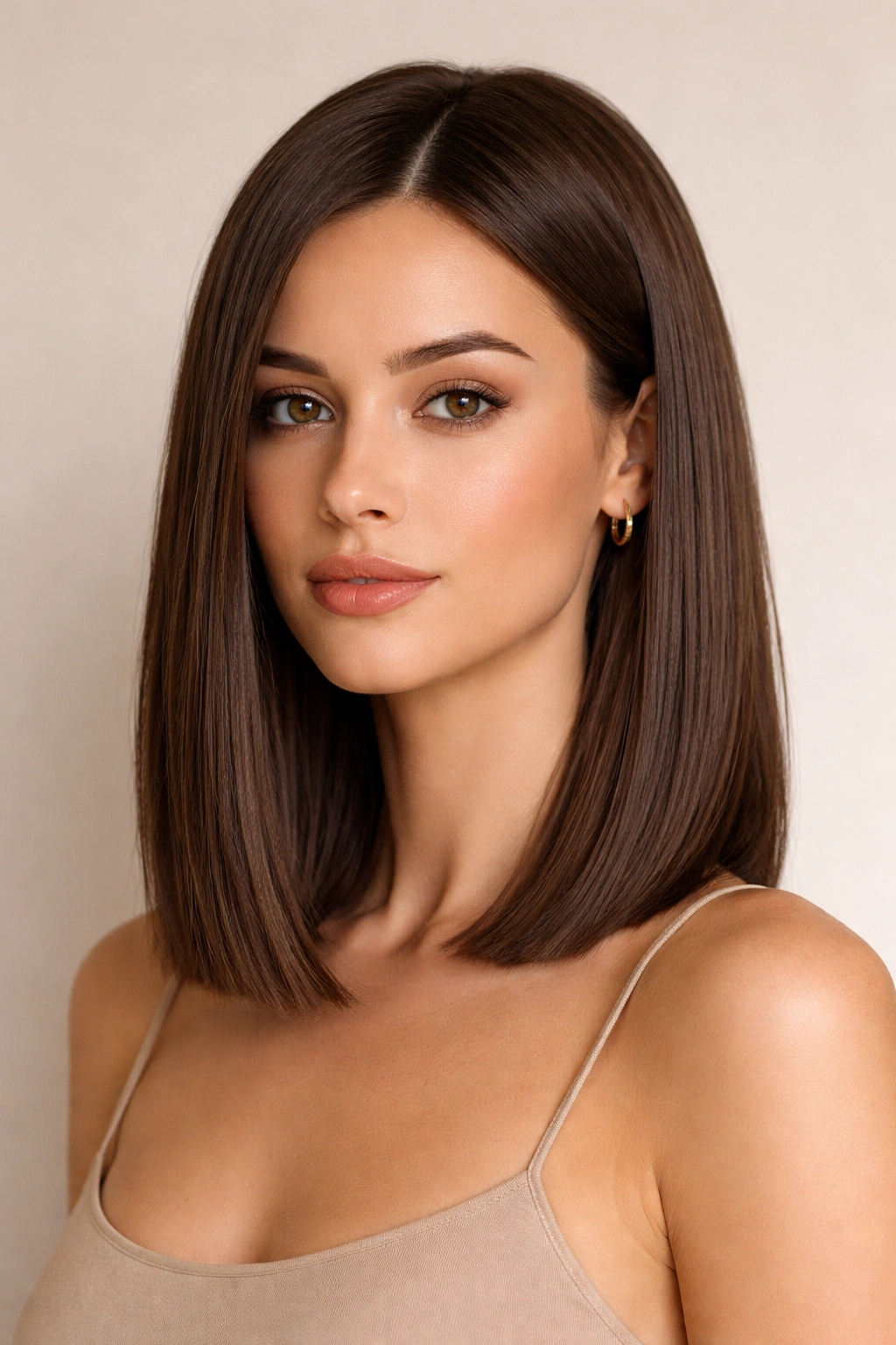Portrait of shoulder-length blunt straight cut hair in studio lighting