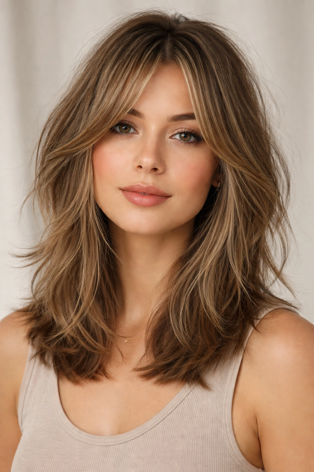 Shoulder-length hair with textured layers for volume and movement.