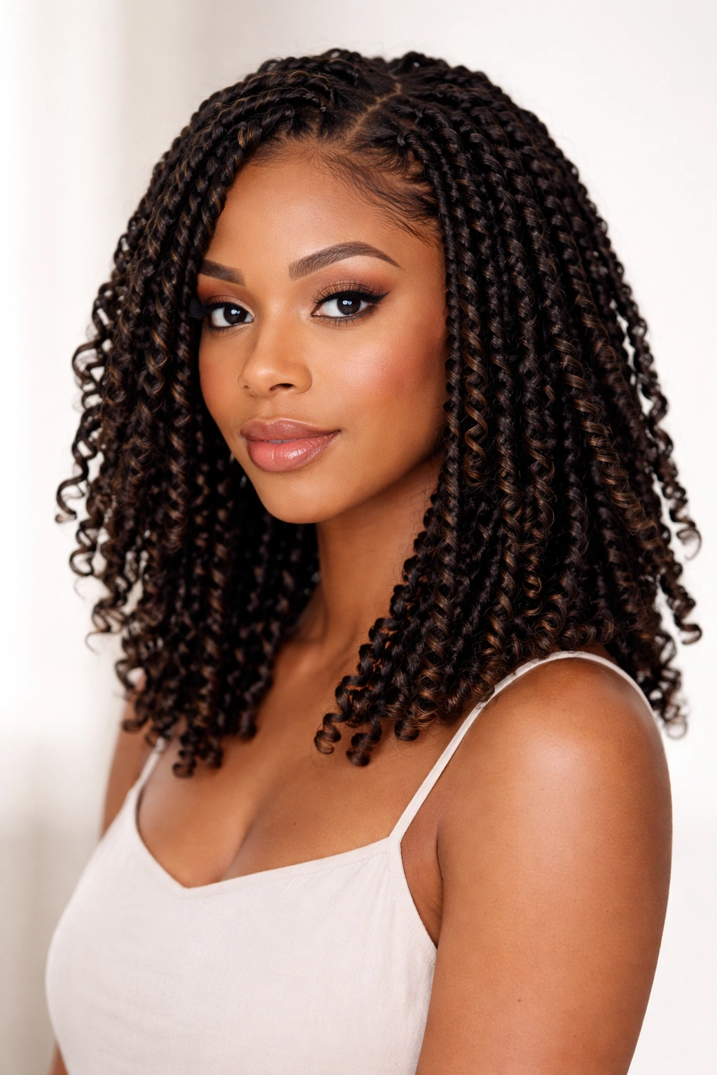 Three-quarter view of shoulder-length passion twists with layered lengths, studio lighting