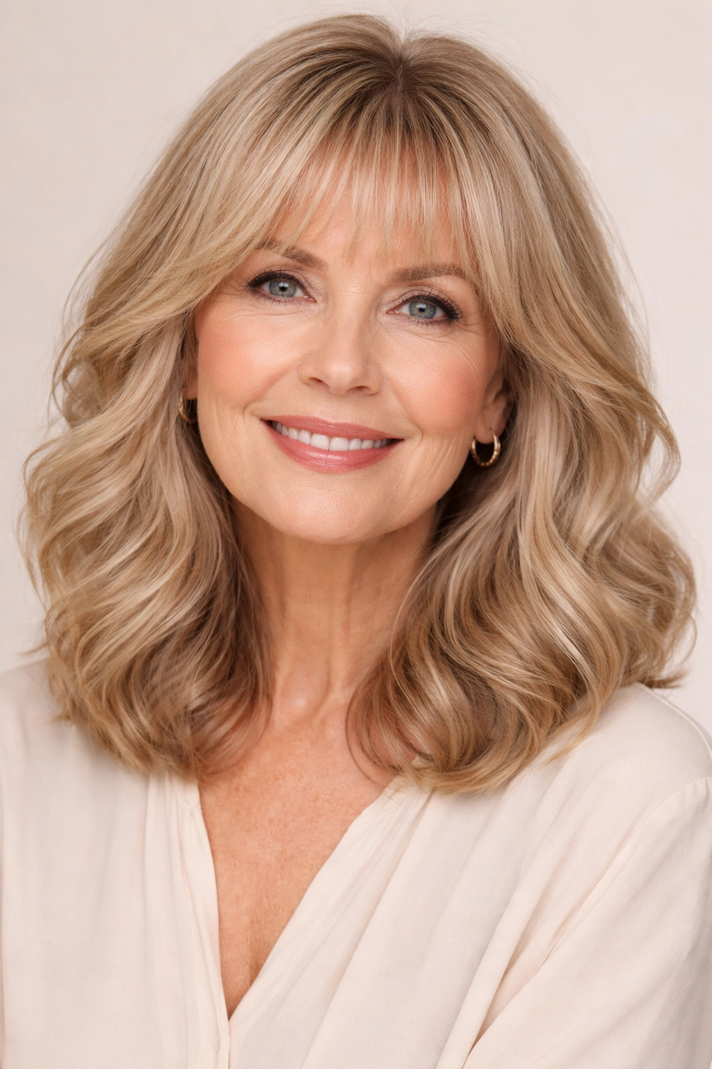 Shoulder-length waves with soft bangs; romantic hairstyle framing the face.