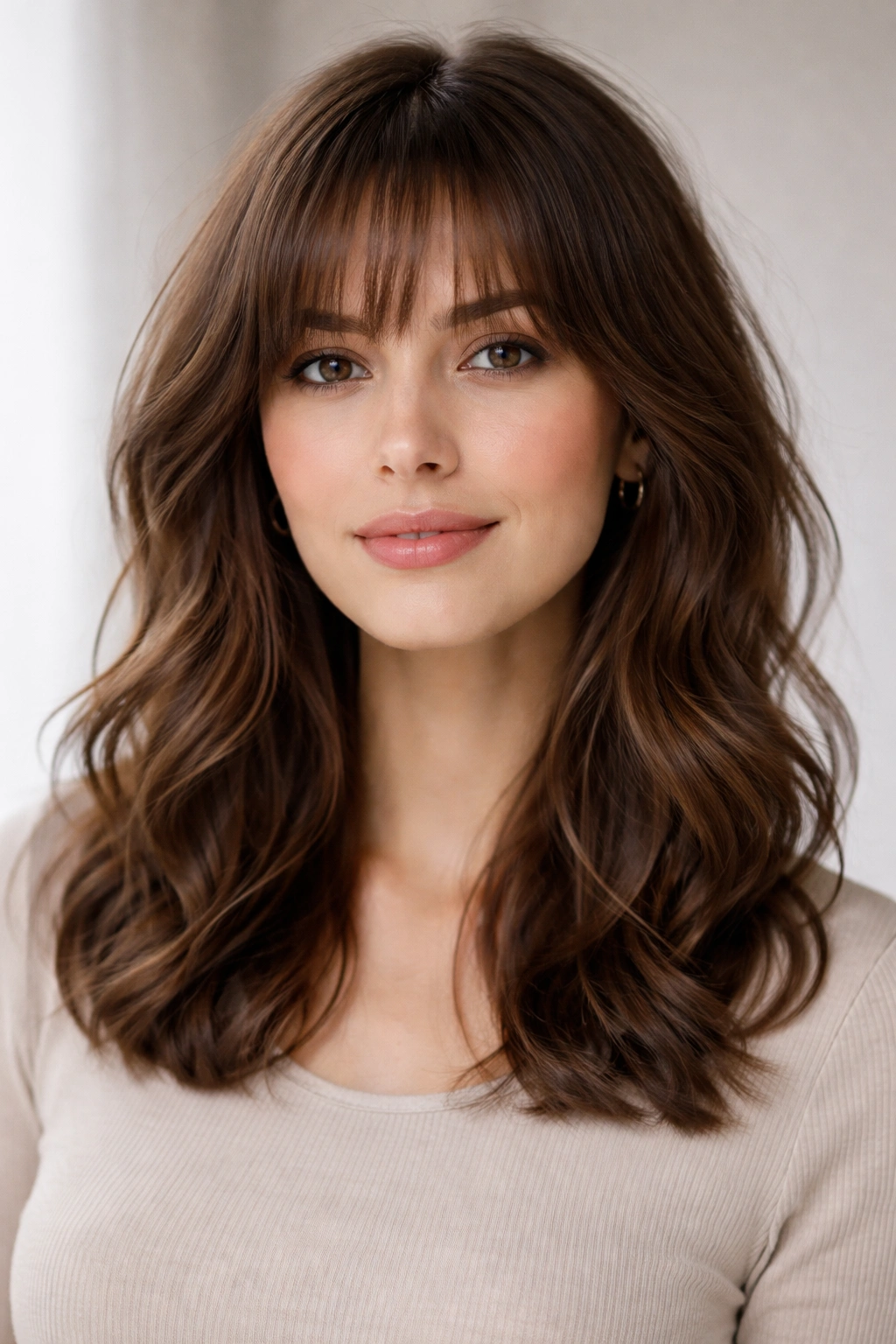 Portrait of shoulder-length wavy hair with wispy bangs framing the face