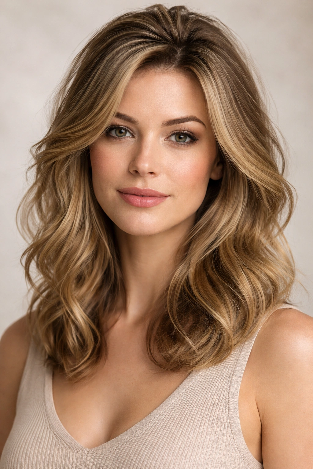 Shoulder-length hair with loose waves and crown volume