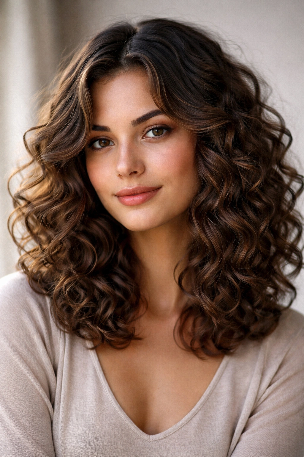 Shoulder-length waves with face-framing layers on a model