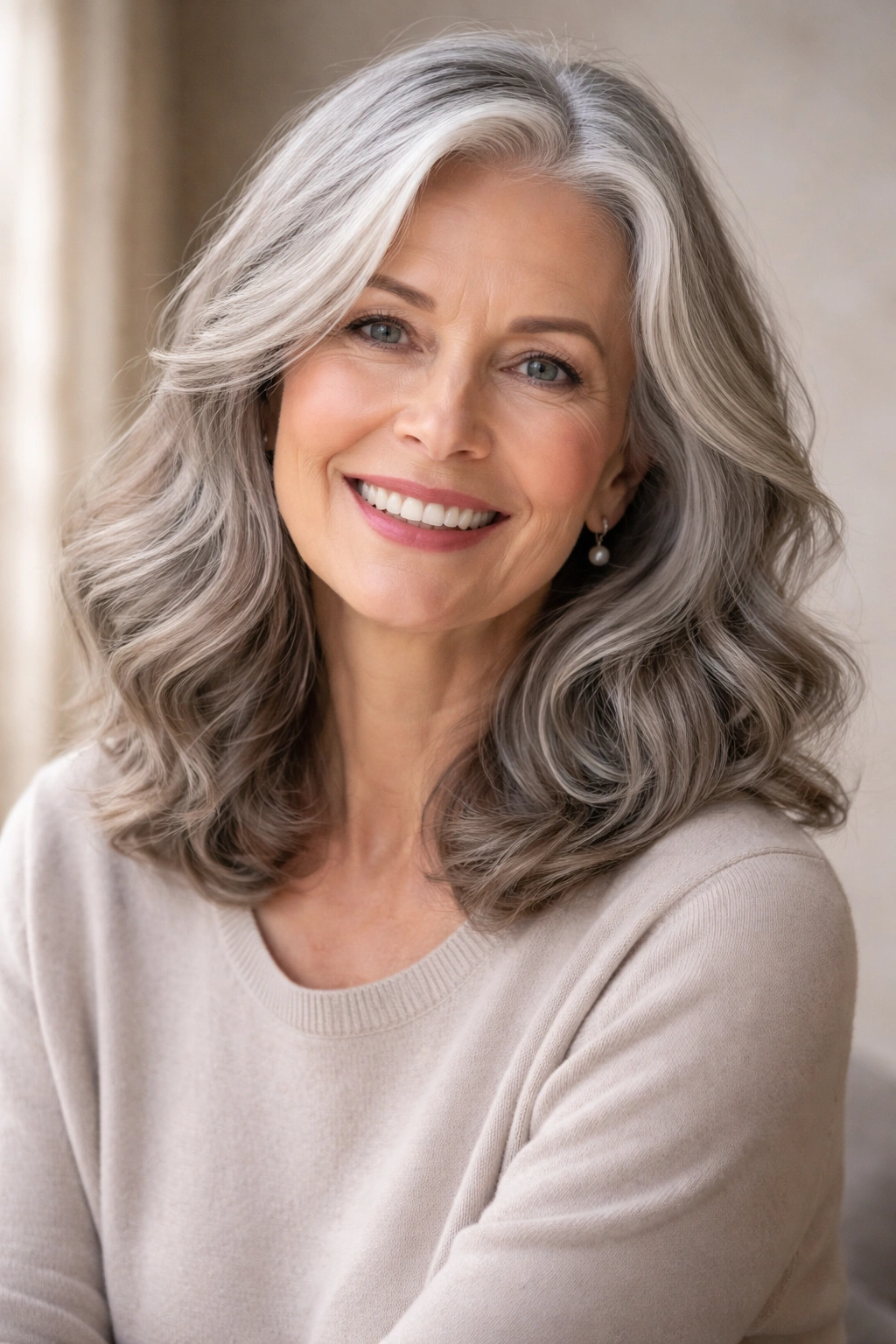 Portrait of shoulder-length waves on silver gray hair