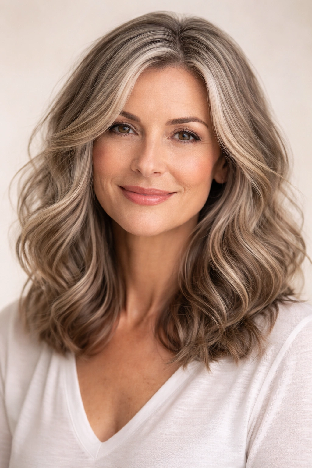 Portrait of shoulder-length waves with soft beachy texture and face-framing layers.