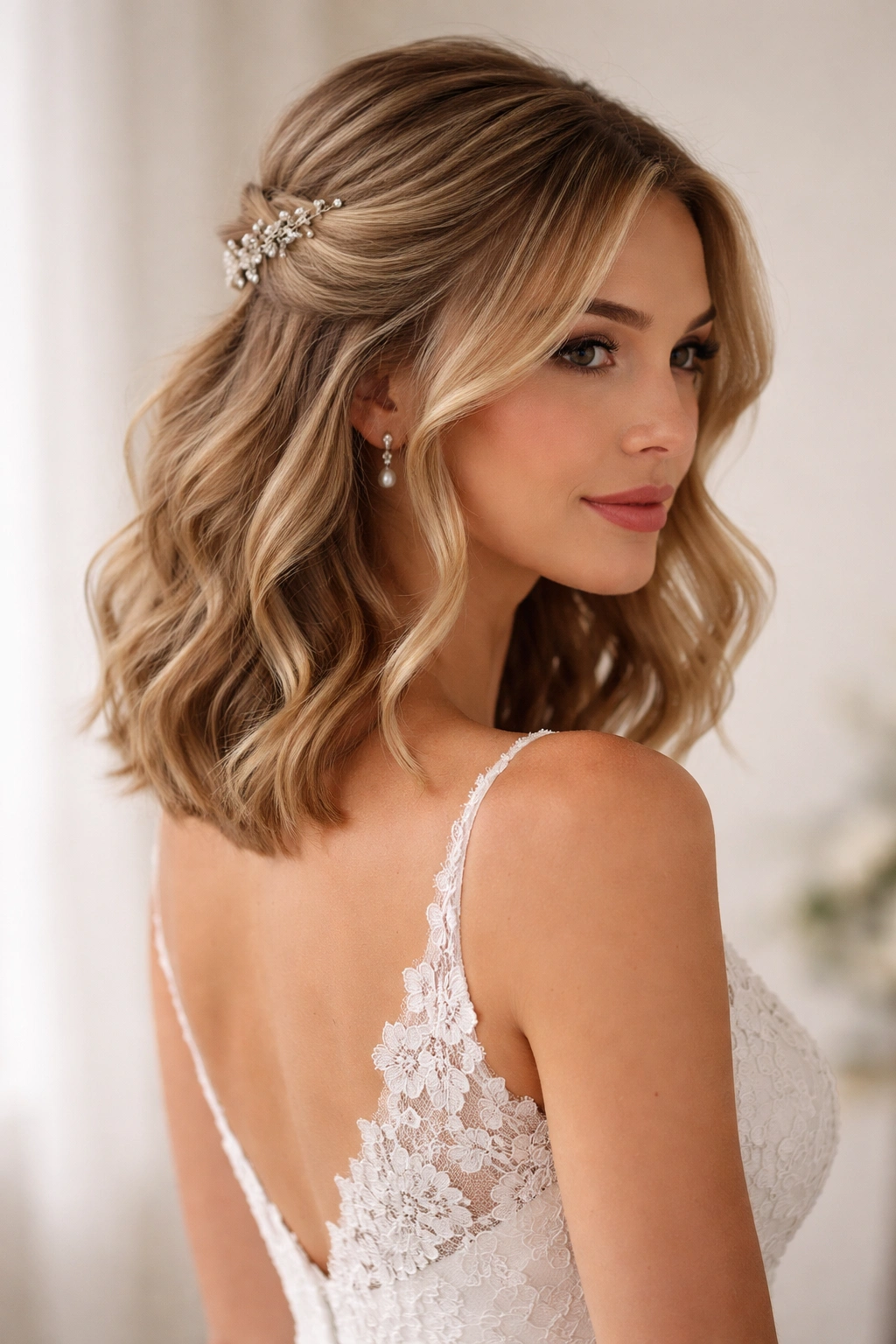 Bride with shoulder-length hair half-up half-down and soft waves
