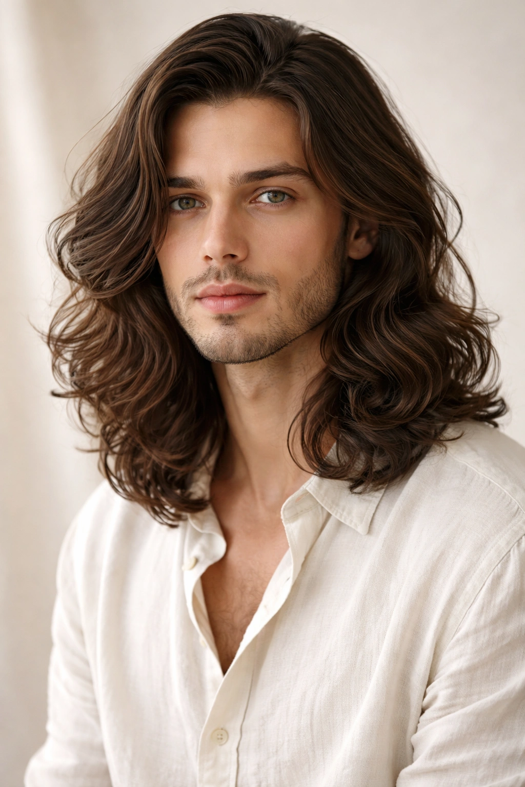 Portrait of a man with shoulder-length, soft-wavy hair in studio lighting