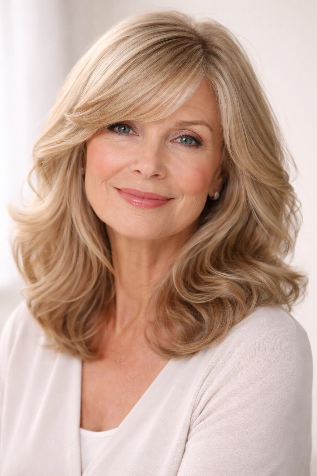 Shoulder-length waves with side-swept bangs in a soft studio setting