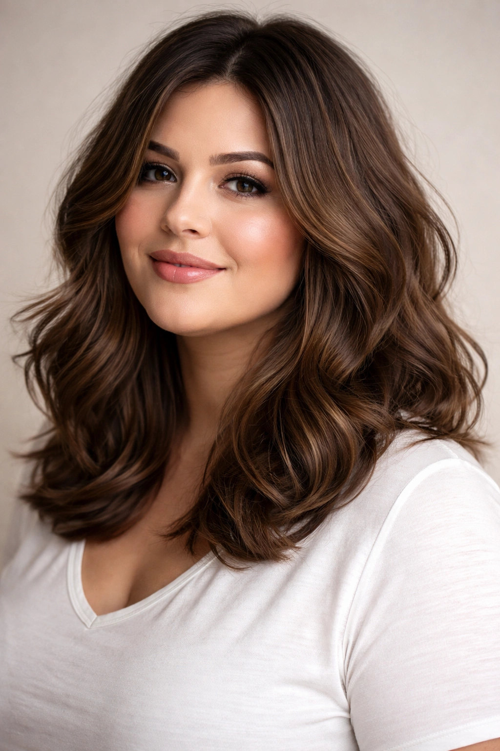 Shoulder-length waves with soft layers on a plus-size model