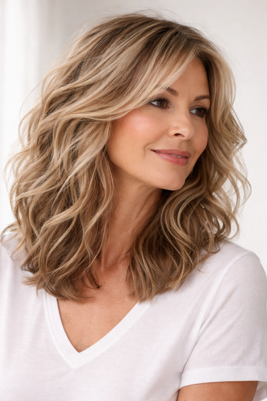 Shoulder-length tousled waves on thick hair