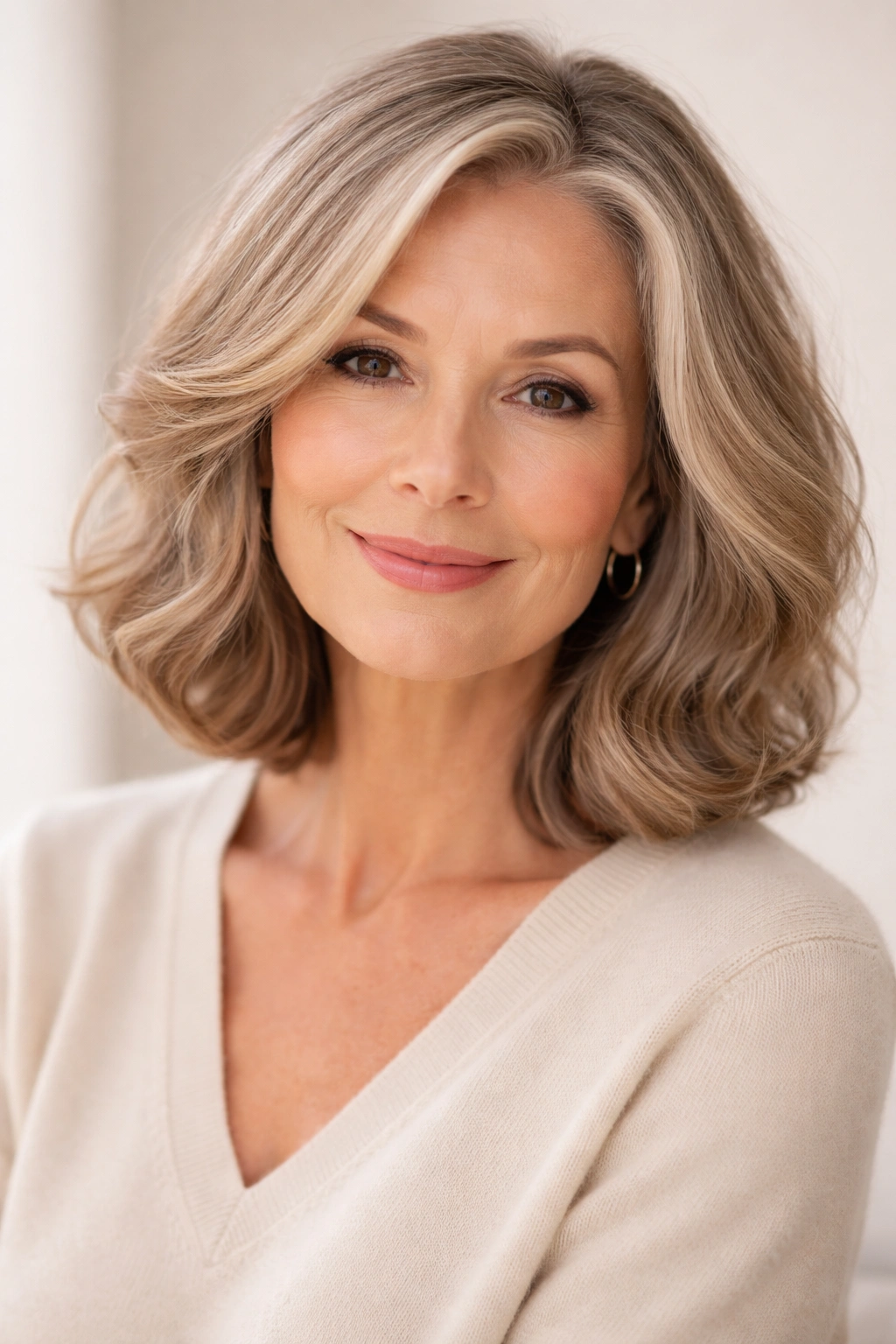 20 Haircuts For Women Over 60 By Face Shape 2 Mature woman with shoulder-length wavy bob framing an oval face; soft waves.