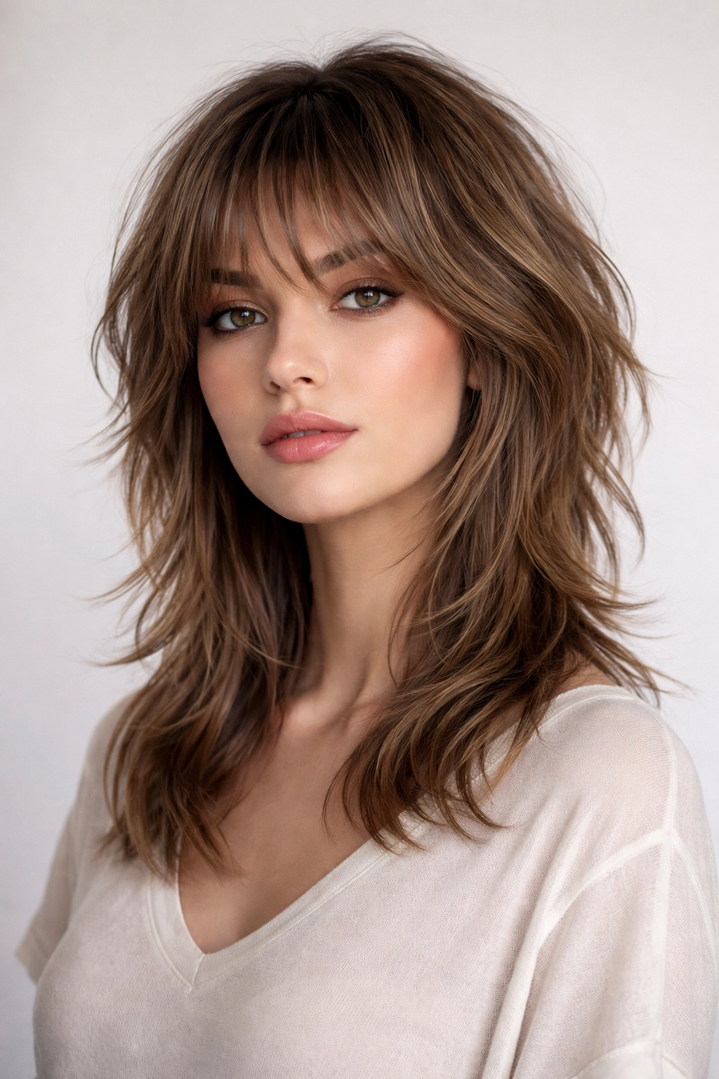 Head-and-shoulders portrait of a shoulder-length wolf cut with choppy layers.