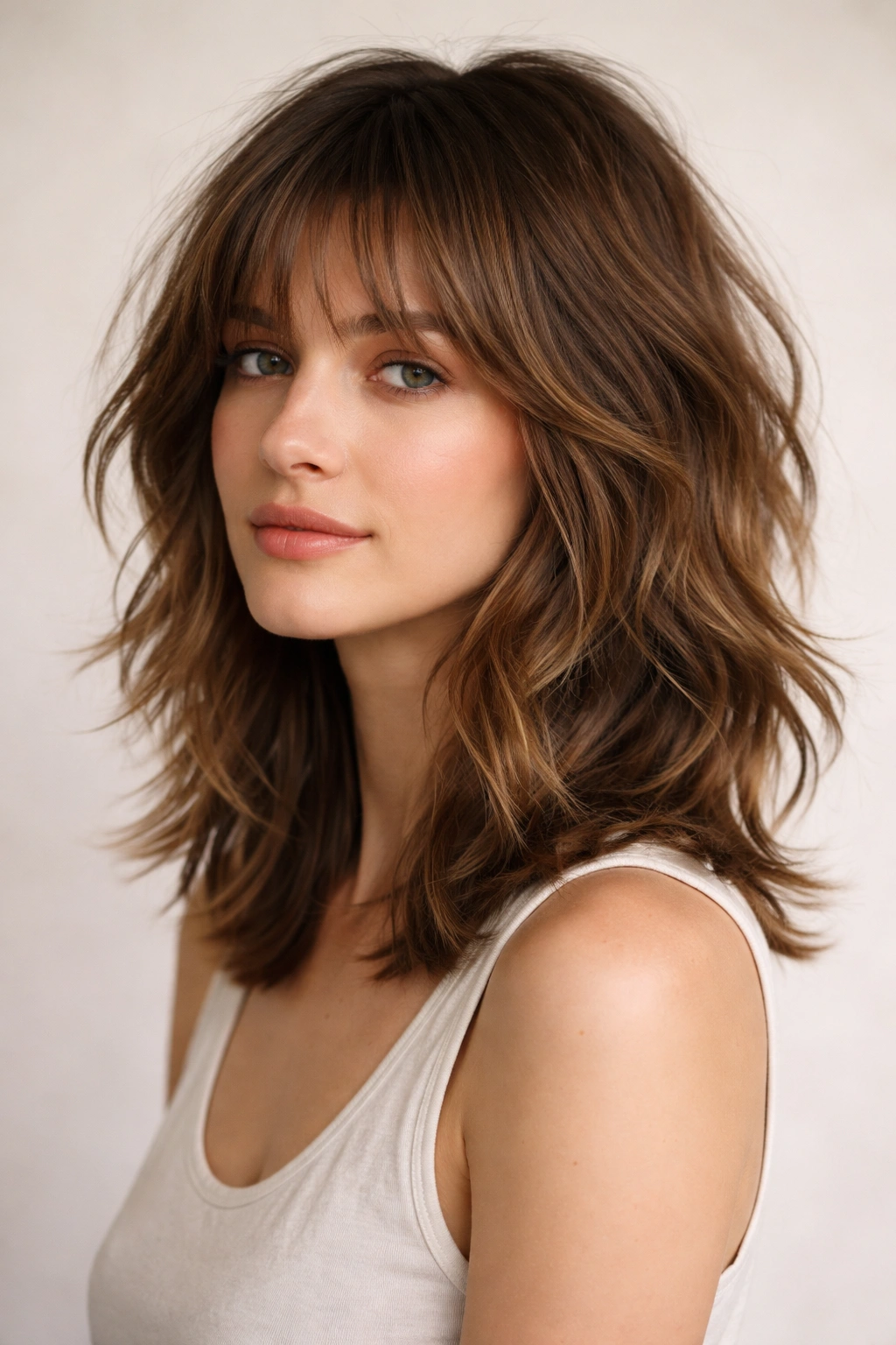18 Hairstyles That Add Width To A Longer Face 4 Shoulder-length shag hairstyle with layered texture