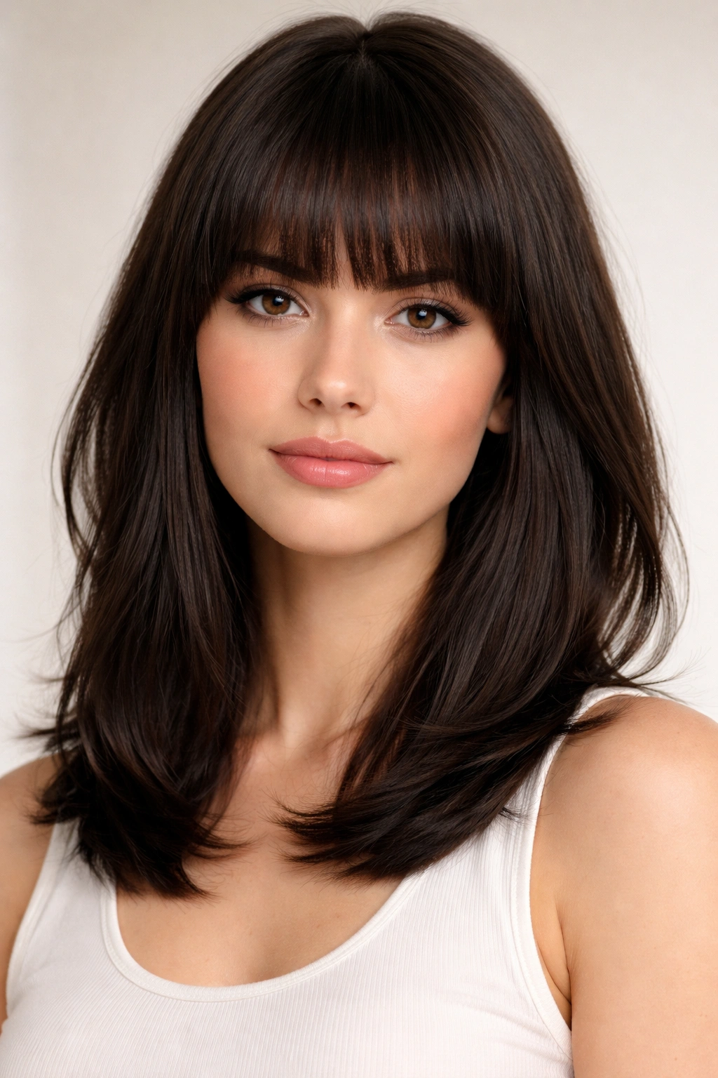 Shoulder-skimming length with full blunt bangs creating a strong horizontal line