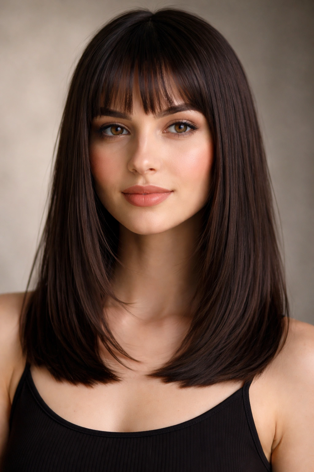 20 Shoulder Length Haircuts For Every Hair Type 14 Head-and-shoulders portrait of shoulder-length straight hair with micro bangs.