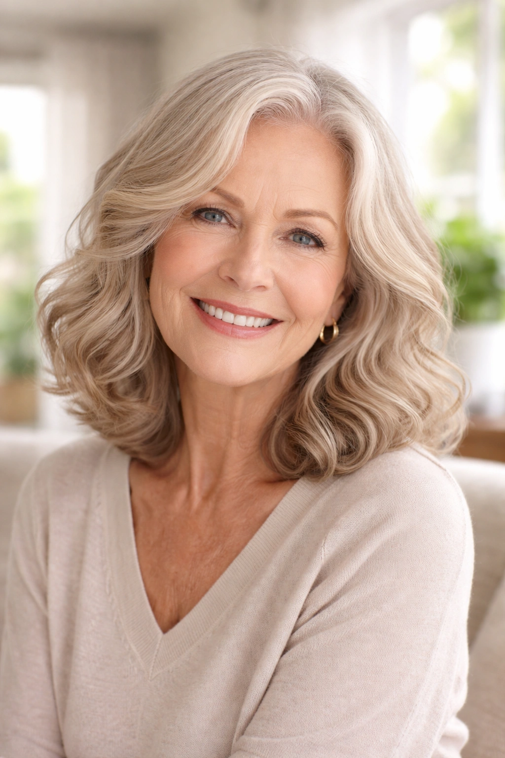 Shoulder-length soft waves on a mature woman with relaxed curls