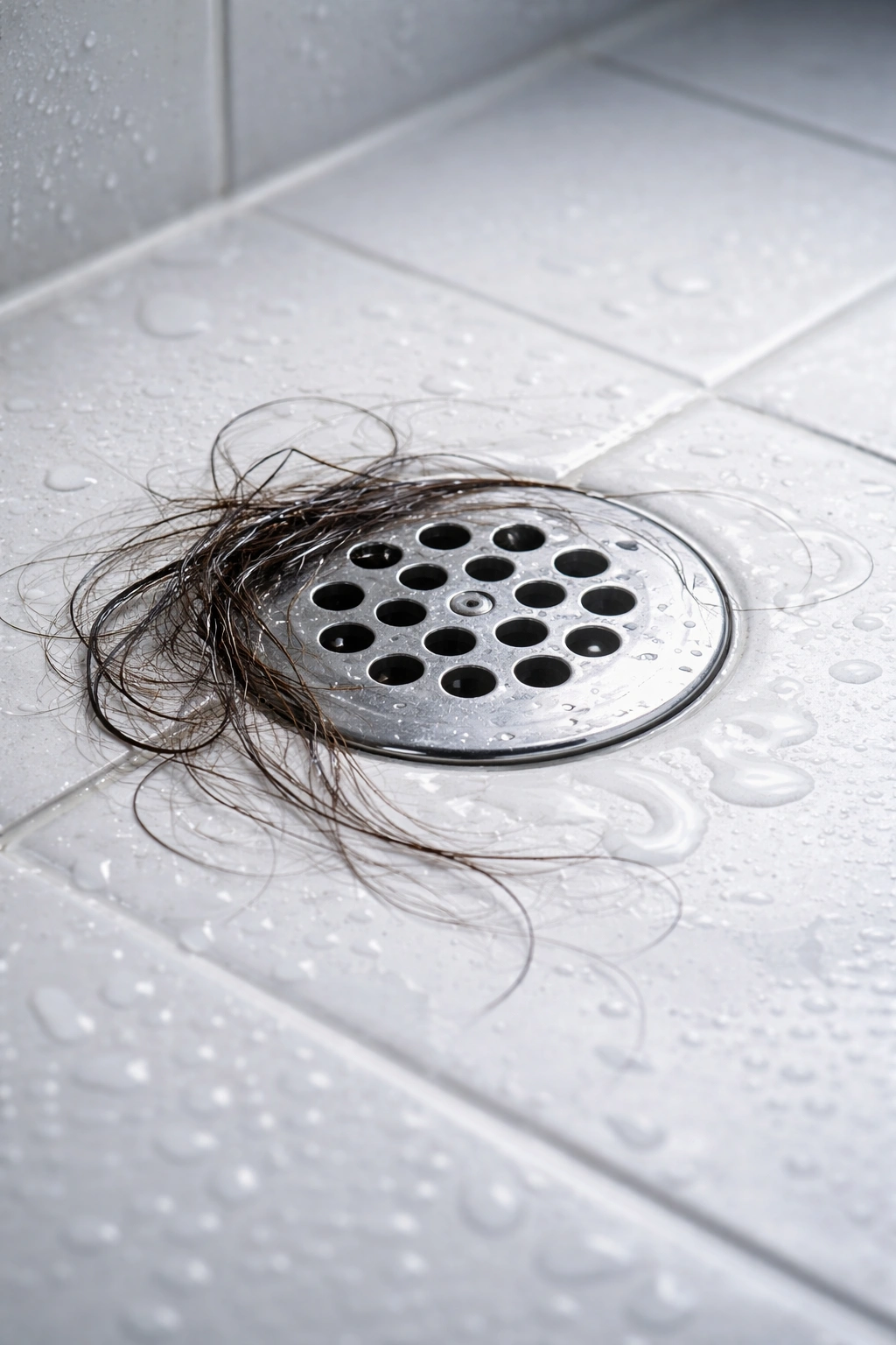 Shower drain with stray hairs reflecting normal shedding in a bathroom.