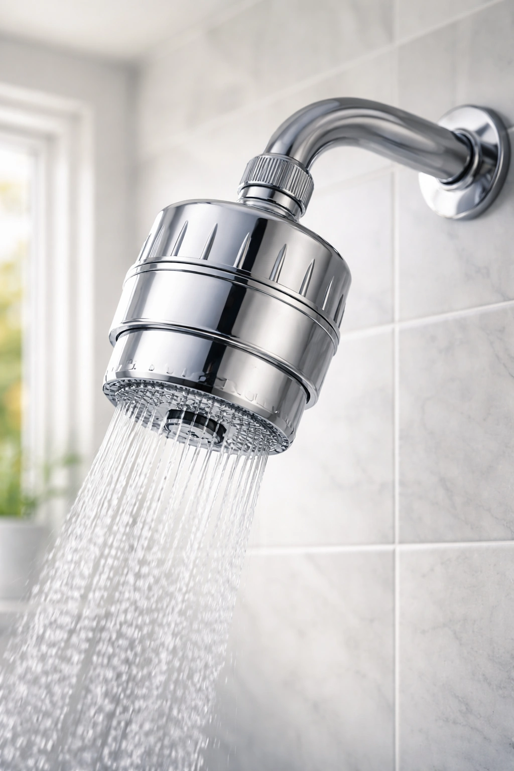 Close-up of a shower filter on a shower arm, demonstrating hard water solution