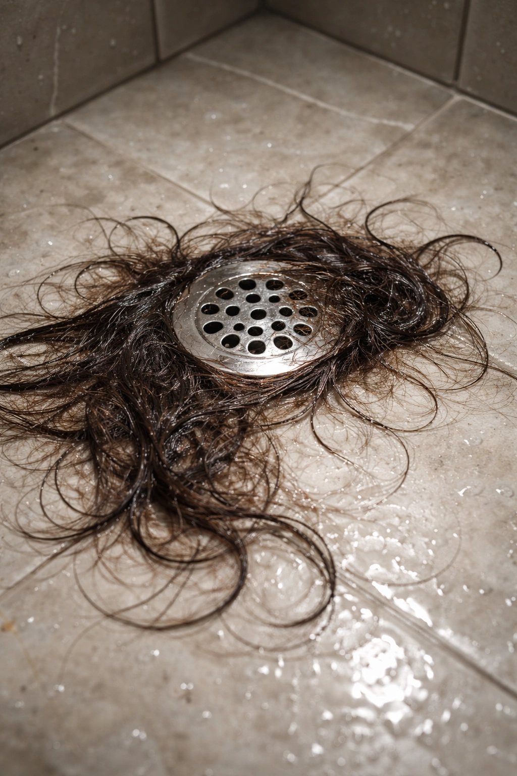 Wet hair clumps around a shower drain in a tiled bathroom