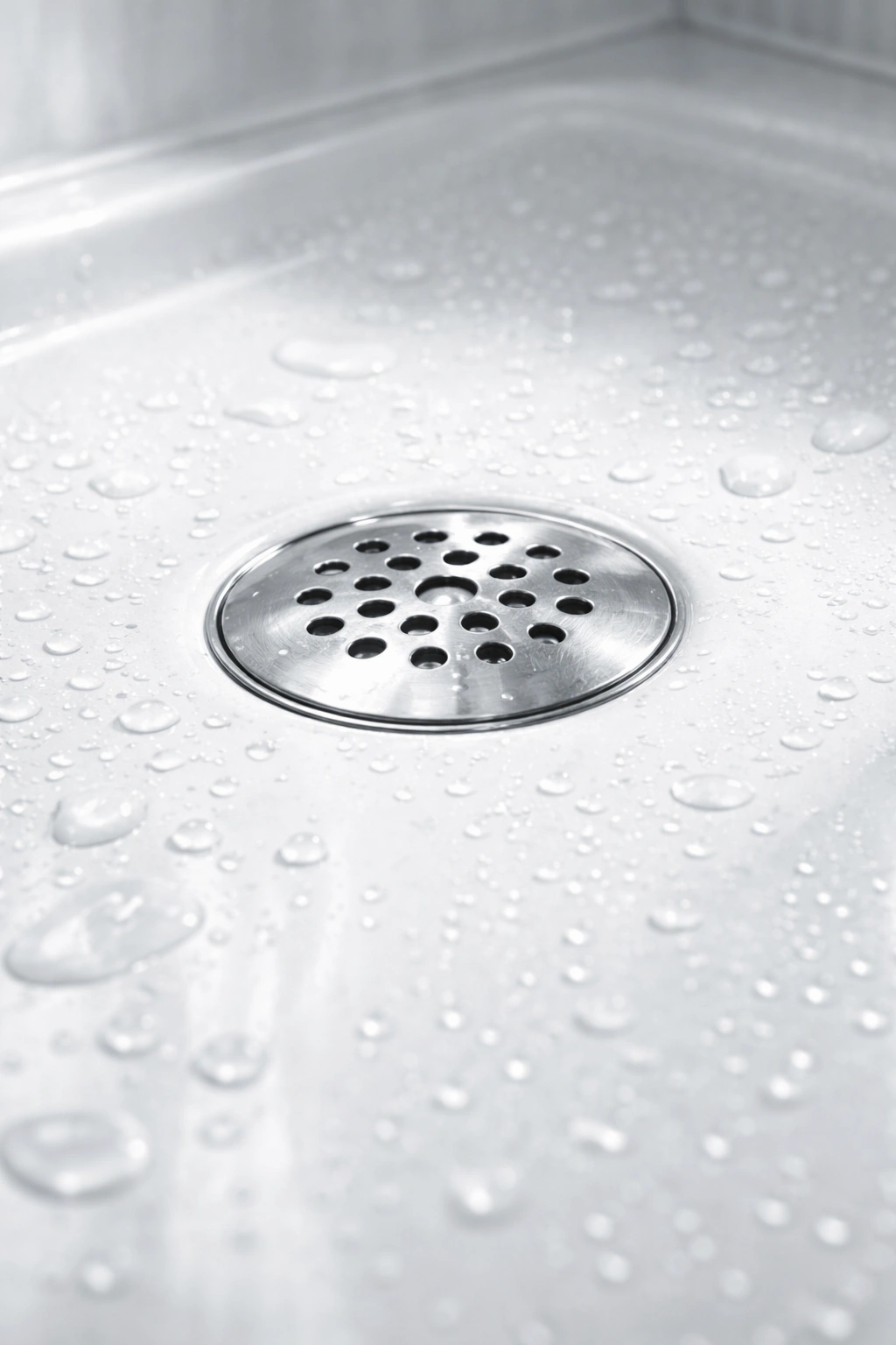 Hair-free shower drain with water droplets