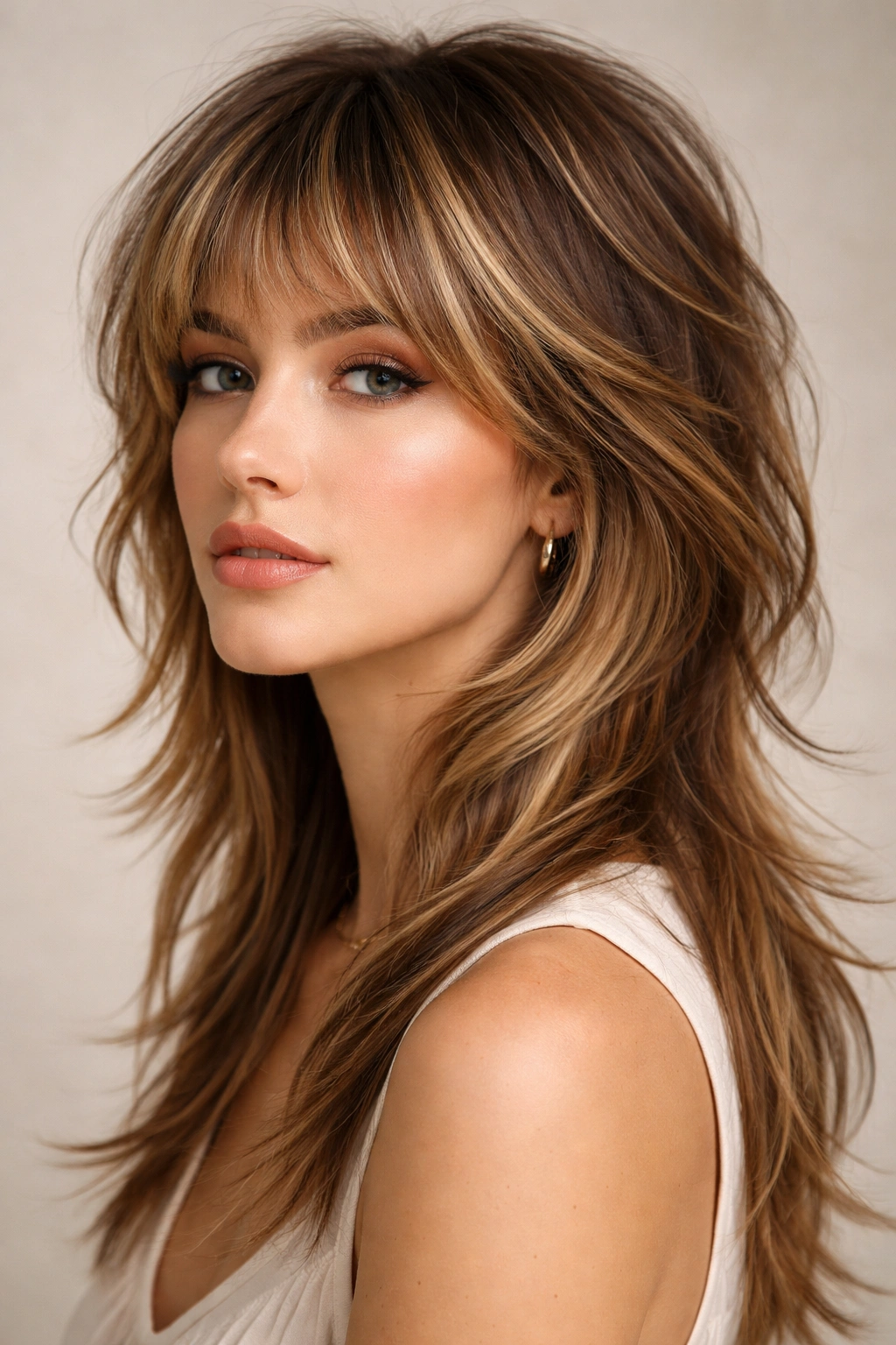Close-up of colored shullet with highlights showing dimensional blonde and caramel tones on layered hair