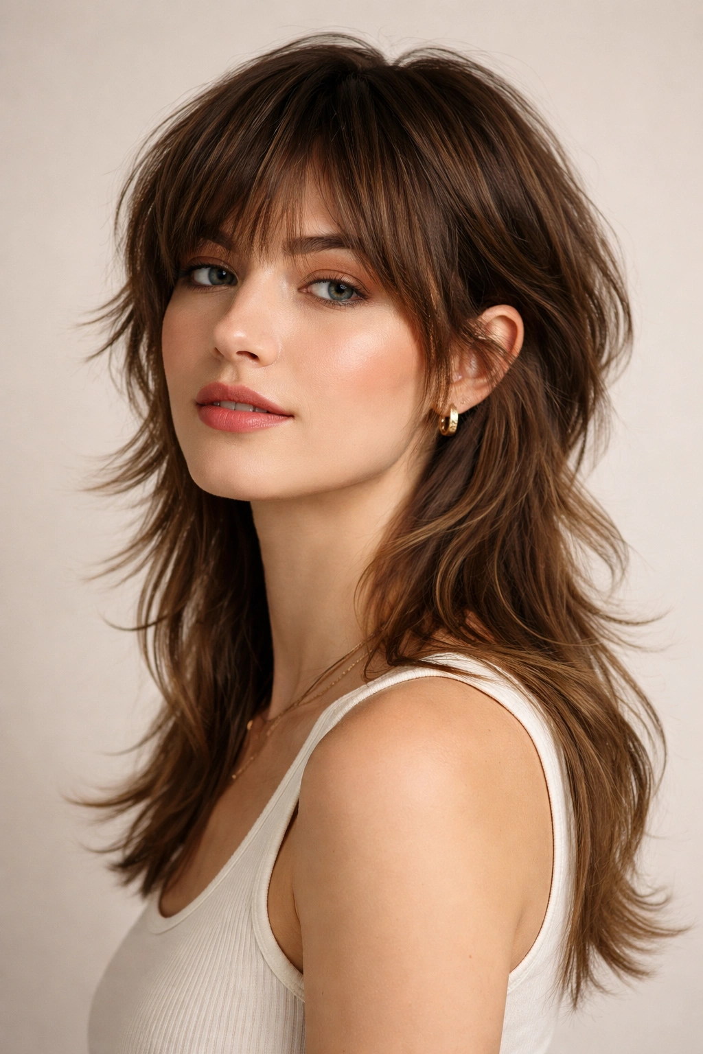 Portrait of a person with a soft shullet showing short front shag and longer back layers