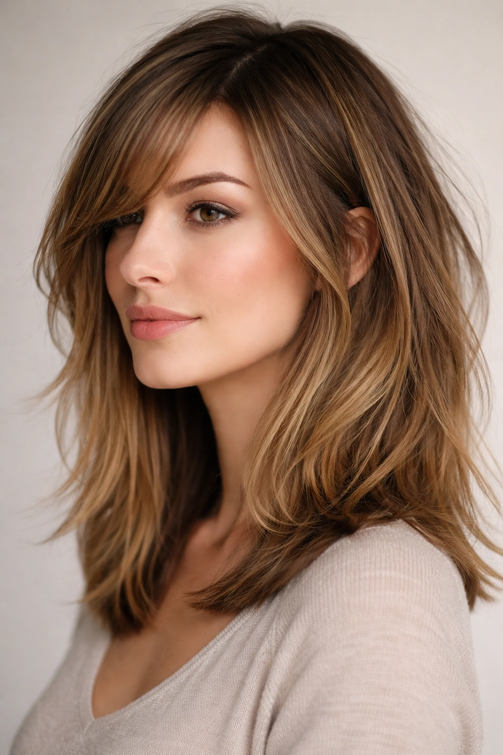 12 Hairstyles With Bangs That Suit Long Faces 10 Profile of a person with side-swept bangs and razored textured lob