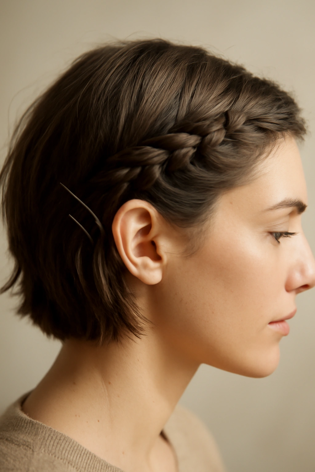 12 Braided Short Hairstyles That Actually Stay Put 4 Close-up of side braid anchored behind the ear on short hair