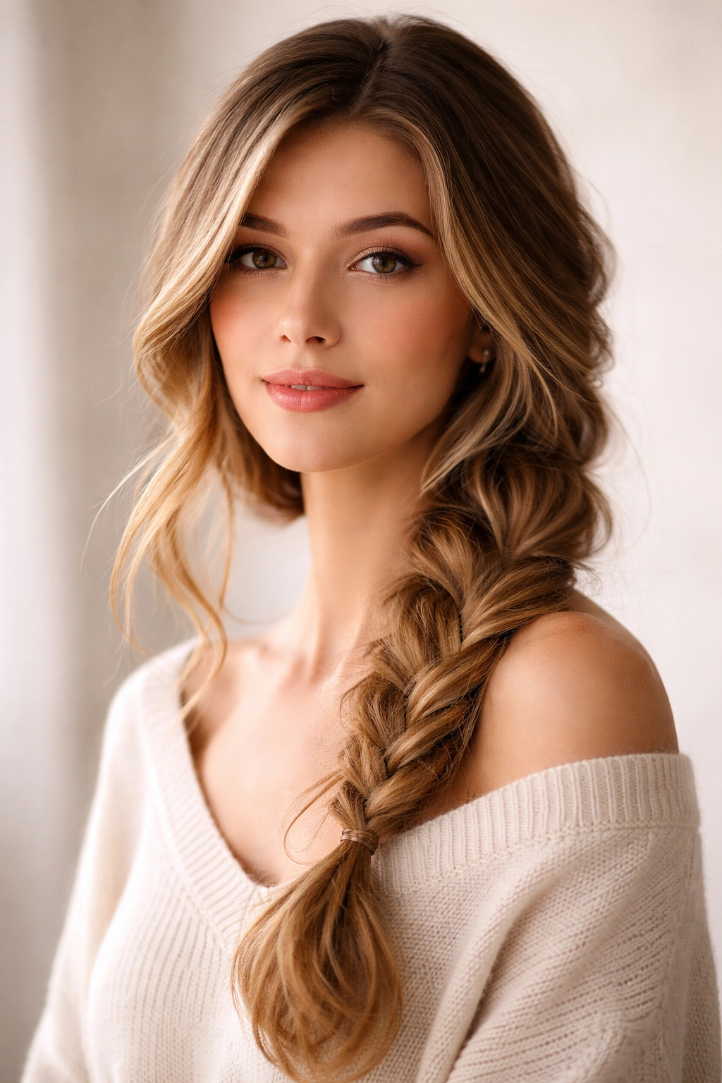 Soft undone side braid with gentle texture over the shoulder