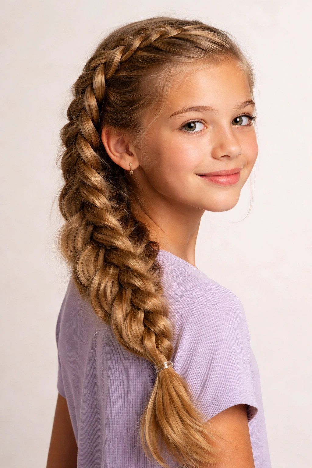Profile view of Side Braid Cascade showing a diagonal side braid from temple to shoulder